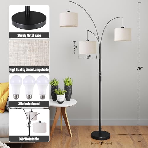 SUNMORY 3 Lights Floor Lamp with Remote Control and 3 Stepless Dimmable Bulbs, 78" Tall Standing Lamp with Hanging Drum Shade & Heavy Base, Modern Arc Floor Lamps for Living Room, Bedroom, Office | 3 Stepless Dimmable Bulbs, Hanging Drum Linen Shade & Hea