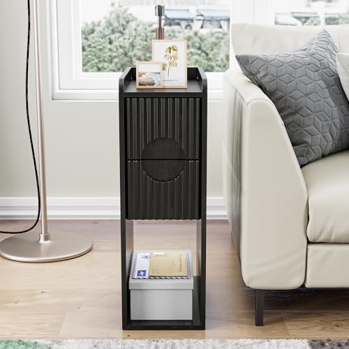 Black Night Stand Set of 2, Narrow Nightstand with Drawers, Small Bedside Table, Skinny Bed Side Table, Modern Nightstand for Bedroom, Living Room, Wood, Fluted, Black - color: Black-2 Pcs