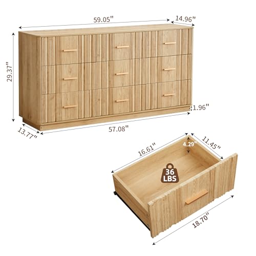 Fluted 9 Drawer Dresser,59"Wide Modern Chest of Drawers with Sturdy Base,Wood Closet Organizers,TV Stand,Storage Dresser with 9 Deep Drawers for Bedroom Living Room Hallway Entryway Nursery(Natural) - color: 9 Drawer Dresser Natural