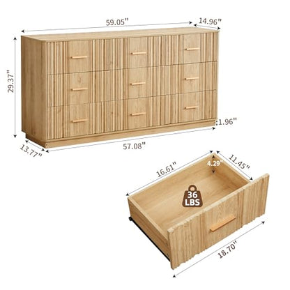 Fluted 9 Drawer Dresser,59"Wide Modern Chest of Drawers with Sturdy Base,Wood Closet Organizers,TV Stand,Storage Dresser with 9 Deep Drawers for Bedroom Living Room Hallway Entryway Nursery(Natural) - color: 9 Drawer Dresser Natural