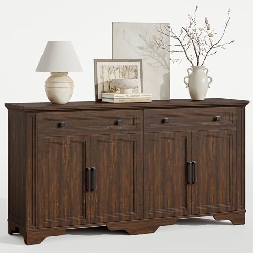 63" Sideboard Buffet Cabinet, Large Credenza with Drawers Walnut | Kitchen Buffet Storage Cabinet, Coffee Bar Cabinet, Console Table, Wood, with 4 Doors, for Living Room Hallway - color: Brown, size: 63 Inch