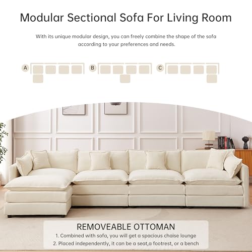 Modular Sectional Sofa, 147.2 Inch L Shaped Couch Set with Armrests, 4-Seater Comfy Cloud Couches with Movable Ottoman for Living Room Apartment, Beige - color: Beige, size: 147.2'' - L Shape