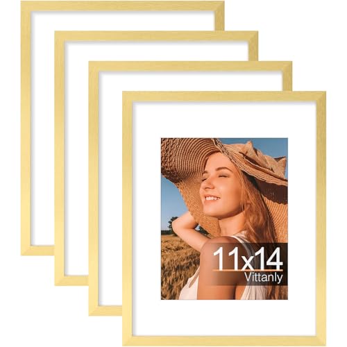 Vittanly 11x14 Picture Frames Set of 4, for Wall or Tabletop, Gold | Display Pictures 8x10 with Mat or 11x14 without Mat, Engineered Wood with Shatter Resistant Plexiglass, Wall Gallery Frames - color: Gold, size: 11x14