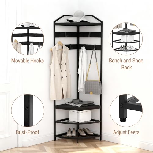 GarveeHome Corner Coat Rack, Coat Rack with 4 Shelves, Shoe and Coats Racks for Entryway, Heavy Duty Coats Racks with 6 Movable Hooks, Entryway Hall Tree for Hallway Bedroom and Office Black