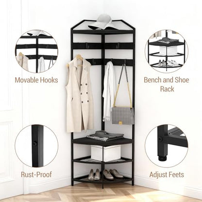 GarveeHome Corner Coat Rack, Coat Rack with 4 Shelves, Shoe and Coats Racks for Entryway, Heavy Duty Coats Racks with 6 Movable Hooks, Entryway Hall Tree for Hallway Bedroom and Office Black