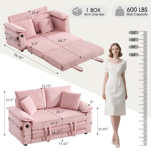 Convertible Sofa Bed, Foldable Space Saving Loveseat Floor Lounge Couch | 3-in-1 Convertible Velvet Sofa Bed, Foldable Loveseat Couch, Space Saving Floor Sleeper Lounge Mattress for Small Apartment - color: Pink