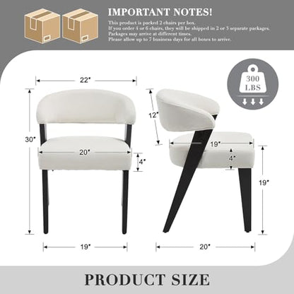 Mid Century Modern Dining Chairs with Arms Set of 2, Upholstered Kitchen & Dining Room Chairs, Barrel Backs/Black Solid Wood Legs, Comfortable Accent Chairs for Living Room, Chenille White - color: White