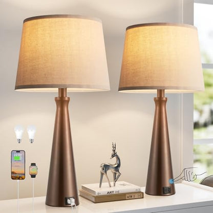 Modern Touch Lamps for Nightstand, 3 Way Dimmable Bedroom Lamp Set of 2 | USB C+A Charging Ports, Brown Bedside Lamps for Bedroom, Living Room, End Table, Bed Side, LED Bulb Included - color: F. Brown Base-Oat Shade