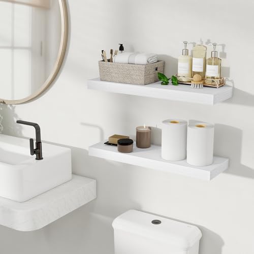 Fun Memories Floating Shelves for Wall, 24 Inch Set of 2 Rustic Wood Wall Shelves with Invisible Brackets, Heavy Duty Storage Display for Living Room Bedroom Kitchen, White - color: White, size: 6.5"D x 24"L - 2Pack
