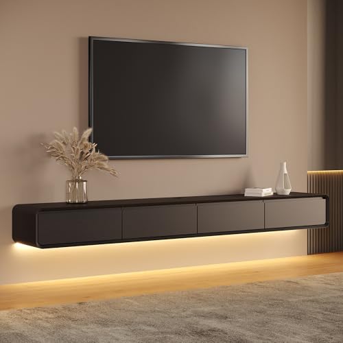 POVISON Fully-Assembled Minimalist Floating TV Stand with LED Lights, Modern Wall-Mounted Media Console with 4 Flip-Down Cabinet Doors for 85 Inch TV, Black Oak, 94" - color: Black, size: 94.49"