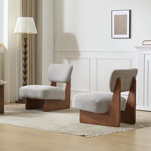 Christopher Knight Home Mores Low Profile Accent Chair Set of 2, Modern Living Room Armless Lounge Chair, Fabric Comfy Reading Chair for Bedroom, Wooden Frame and Thick Padded Seat, Walnut+Gray - color: Walnut+gray
