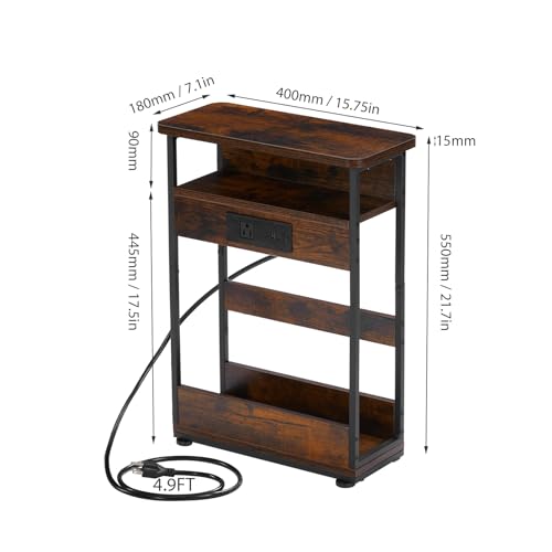 Narrow Side Table With Charging Station, 3-Tier End Table with 2 USB Ports & Power Outlets,Thin Sofa Side Table for Narrow and Small Spaces, Bedside Table Nightstand for Living Room,Rustic Brown - color: Rustic Brown