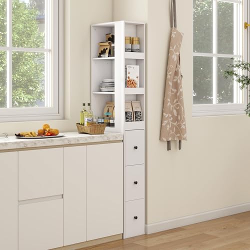 ARTETHYS Tall Narrow Bathroom Storage Cabinet with Side Rack & Drawers | 3-Level Adjustable Shelves, Slim Free Standing Space Saver Organizer for Living Room Kitchen, Classic White - color: White With Side Rack