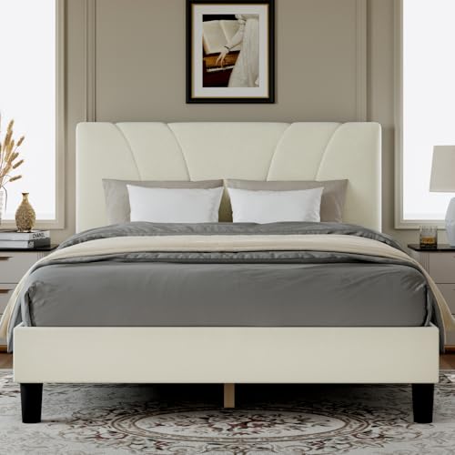 Novilla Full Size Bed Frame with Headboard, Full Bed Frame with Wooden Slats Support, Velvet Upholstered Headboard, No Box Spring Needed, Heavy Duty Feet, Easy Assembly, White Velvet - color: White Velvet, size: Full