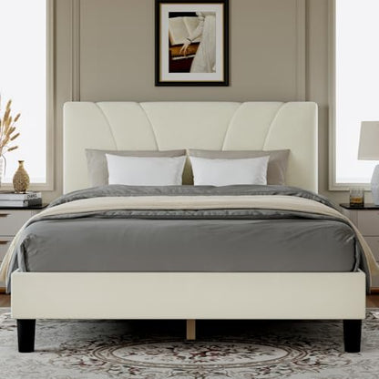 Novilla Full Size Bed Frame with Headboard, Full Bed Frame with Wooden Slats Support, Velvet Upholstered Headboard, No Box Spring Needed, Heavy Duty Feet, Easy Assembly, White Velvet - color: White Velvet, size: Full
