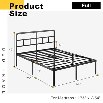 DiaOutro 16 Inch Full Size Metal Bed Frame with Headboard, Black | Heavy Duty Bed For Kids Adults, Steel Slat Supports No Box Spring Needed, Easy Assembly, Noise Free - size: Full, style: 16 Inch