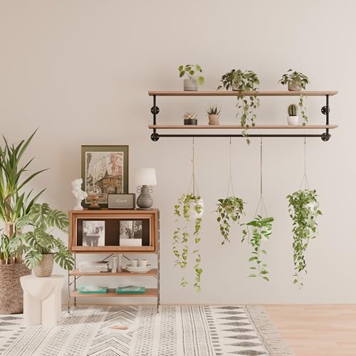 Clothes Rack 70in, 2-Tier Wall Mounted Garment Rack with Real Wood Shelf, Heavy Duty Hanging Clothes Rack, Multi-Purpose Hanging Rod, Space-Saving Closet Storage - color: Brown, size: 2T70IN