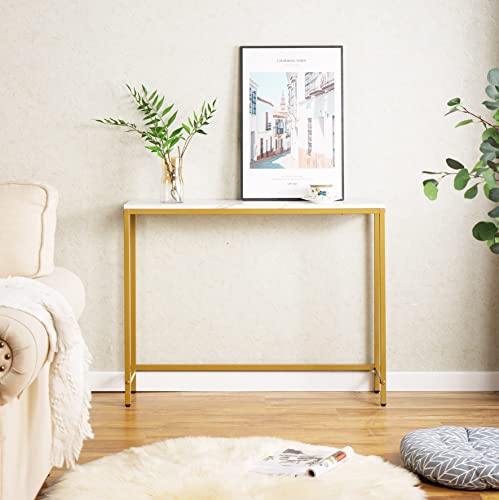 loglus Small Console Table for Entryway, Faux Marble MDF Sofa Table with Golden Frame, Single Layer, White Marble, 9.45" D x 38.19" W x 29.72" H - color: White Marble, style: Single Layer