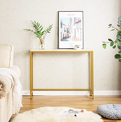loglus Small Console Table for Entryway, Faux Marble MDF Sofa Table with Golden Frame, Single Layer, White Marble, 9.45" D x 38.19" W x 29.72" H - color: White Marble, style: Single Layer