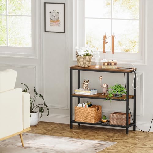 Snughome Console Table with Power Outlets, Entryway Table with Storage, Narrow Sofa Table with 3 Tier Shelves, 2 USB Ports, 2 Power Outlets, Hallway Table for Couch, Living Room, Entrance - color: Rustic Brown