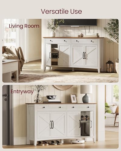 VASAGLE LIRY Collection - Buffet Cabinet, Coffee Bar Cabinet with 2 Drawers, Adjustable Shelves, Sideboard Storage with Cable Holes, Drawer Dividers, Rustic White and Honey Brown UBBK381WJ01S