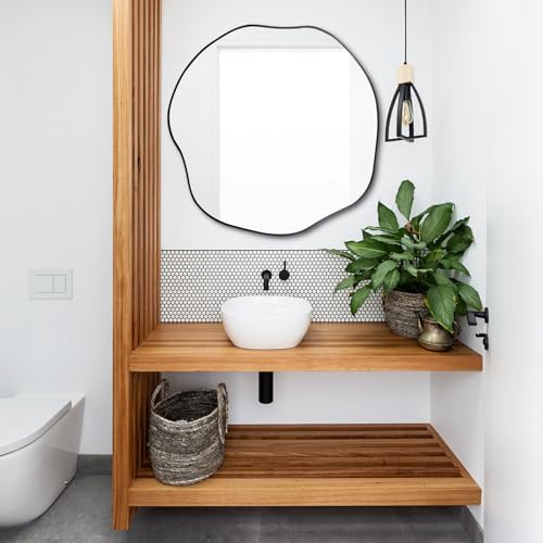 POZINO Irregular Wall Mirror, 25" Asymmetrical Frameless Mirrors, Scalloped Rounded Mirror, Organic Shaped Mirrors for Living Room Bedroom Entryway Fireplace, Horizontal or Vertical Hanging - color: Black, size: 25"L x 25"W