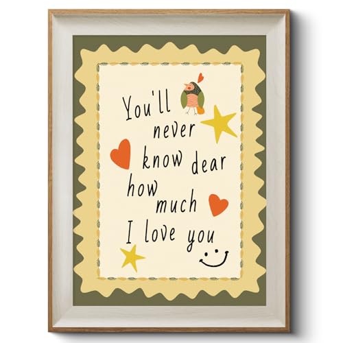 HUARCEY Rustic Frame Quote Wall Art 12x16 In – “You’ll Never Know Dear How Much I Love You” Sweet Whimsical Family Love Canvas with Heart and Star Illustration Gift for Dad, Mom, Elders, Lover - color: Love Words
