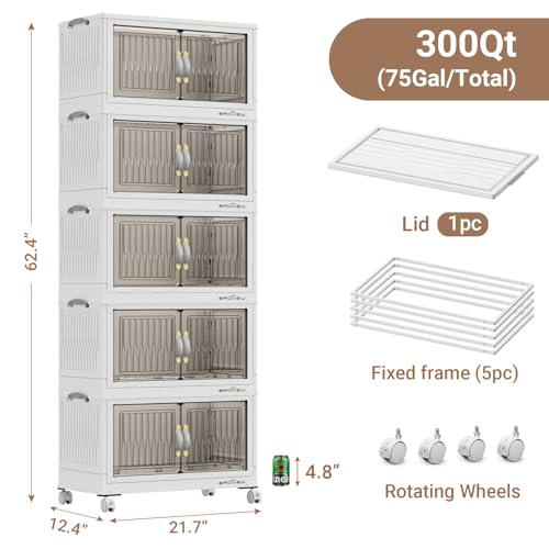 BROVIEW 300Qt Stackable Storage Bins with Lid for Home Dorm, 5Pack White | Closet Organizers, Foldable & Collapsible Cabinets, Large Containers, Wheels & Magnetic Doors, Plastic Drawers for School - color: White, size: 60QT-5Pack
