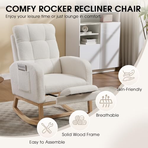 Rocking Chair Nursing, Rocker Chair with Footrest (White Retro) | Teddy Boucle Upholstered Accent Reading Chair with High Back & Side Pocket for Living Room Bedroom Nursery Office - color: White Retro