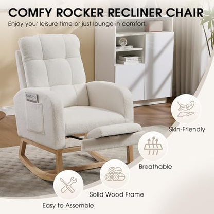 Rocking Chair Nursing, Rocker Chair with Footrest (White Retro) | Teddy Boucle Upholstered Accent Reading Chair with High Back & Side Pocket for Living Room Bedroom Nursery Office - color: White Retro