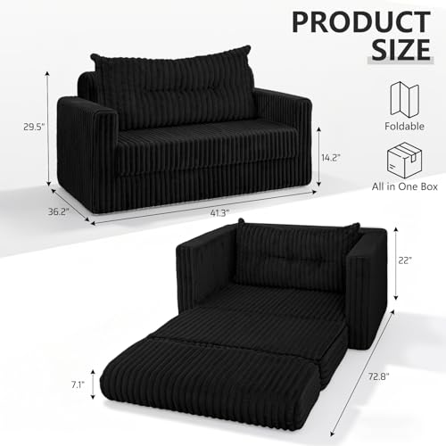 41.3" Loveseat Boneless Couch,4-in-1 Convertible Sofa Bed | Plush Fur Folding Futon Sofa Bed Couches w/1-Pillow for Living Room,High-Density Foam,No Assembly Required(Twin Black)