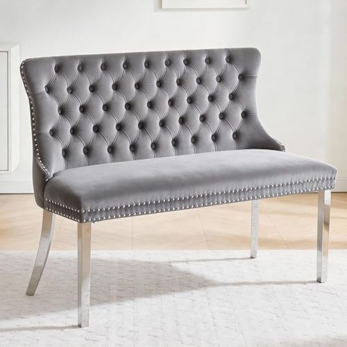 Velvet Upholstered Dining Bench with Back,Luxury Tufted Small Love Seat Settee Sofa Benches,Wingback Banquette Seating Bench with Nailhead Trim Stainless Steel Legs (1, Grey+Silver) - color: Grey+silver