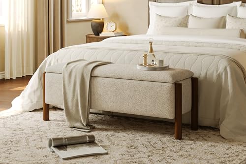 Modern Storage Benches with Walnut Wood Legs, 47'' Ottoman Bench with 20 Gallons Storage Space for Bedroom End of Bed, Fabric Upholstered Entryway Bench with Seating for Livingroom, Beige - color: Beige
