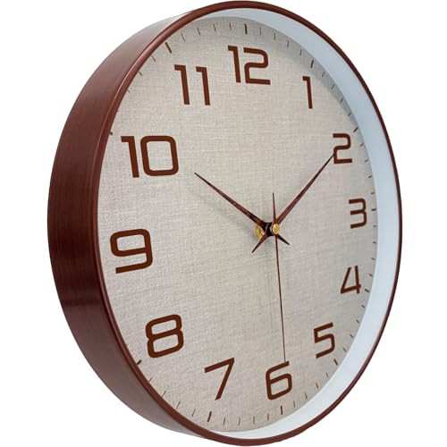 Woodgrain Wall Clock, Silent Non-Ticking Battery Operated Clock 10 Inch, Large Easy-to-Read Number Linen Texture Face Modern Analog Clocks for Living Room Bedroom Kitchen Office Gym, Brown - color: Mocha Brown White, size: 10 Inch