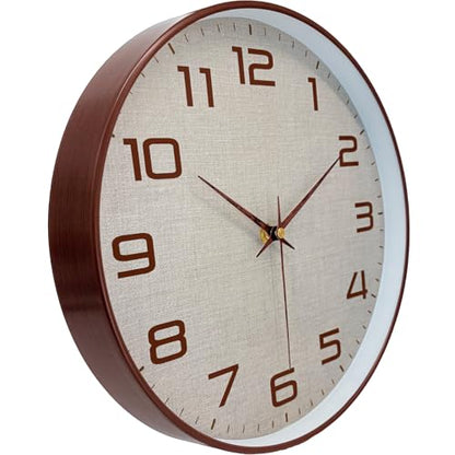 Woodgrain Wall Clock, Silent Non-Ticking Battery Operated Clock 10 Inch, Large Easy-to-Read Number Linen Texture Face Modern Analog Clocks for Living Room Bedroom Kitchen Office Gym, Brown - color: Mocha Brown White, size: 10 Inch