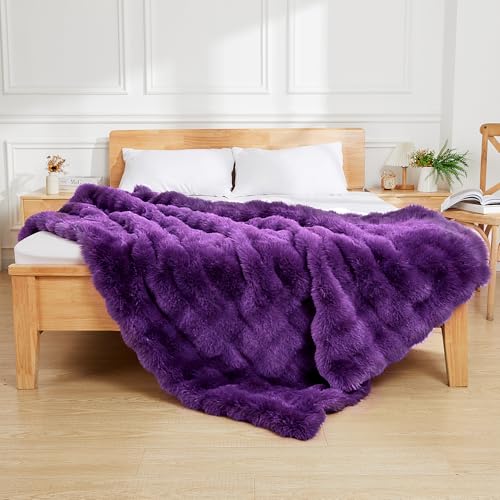 Latepis Faux Fur Twin Purple Blanket Plush 60x80 Inch Cute Fluffy Warm Bubble Blankets for Couch Bedroom Soft Blankets for All Seasons Cozy Blanket for Woman Gift, 860GSM - color: Purple, size: Twin-60''*80''