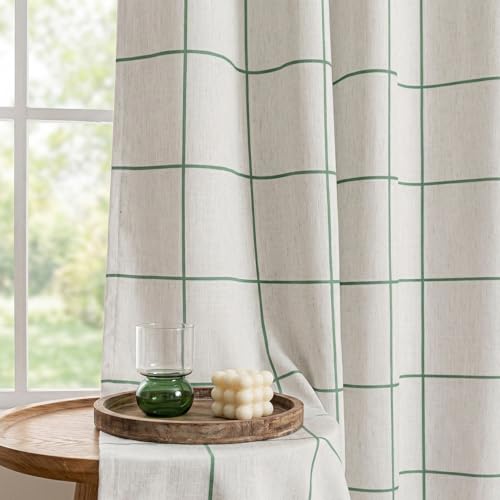 MYSKY HOME 100% Blackout Green Plaid Linen Curtains 84 Inch Long 2 Panels Set Double Layer Farmhouse Thermal Insulated Striped Print Drapes Grommet Top for Bedroom Living Room, 52" W Each Panel - color: Green, size: 52"W x 84"L (Pack of 2)