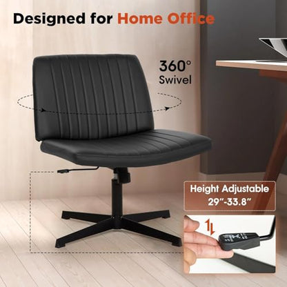 Criss Cross Chair, Armless Cross Legged Office Chair, Comfortable Vanity Chair with Back, Fabric Adjustable Wide Swivel Criss Cross Desk Chair for Home Office, Black - color: Black