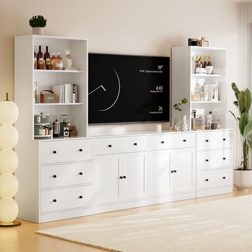 TUSY 71" Large TV Stand Set - TV Entertainment Center for TVs up to 65", Media Center with Tempered Glass Doors and Drawer, TV Hutch with Bookshelves for Living Room (White, BEEB) - color: White