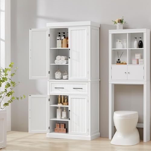 Yaheetech 72.5" H Freestanding 4-Door Kitchen Storage Cabinet,White | Stand up pantry with adjustable shelves and wide drawer in an engineered wood body for kitchen/Living Room