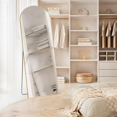 Arched Mirror Full Length, 21"x64" Body Wall Mirrors with Shatter-Proof Glass, Floor Standing, Hanging or Leaning, Large Tall Arch Mirror with Stand Aluminum Alloy Frame for Bedroom Cloakroom - color: Gold, size: 64"L x 21"W, style: Arched