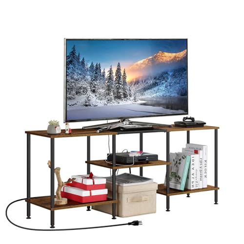 OYEAL Small TV Stand for Bedroom up to 50 inch Farmhouse TV Media Entertainment Center with Power Outlets & Storage Shelf Rustic TV Console Table for Living Room, Rustic Brown - color: Rustic Brown