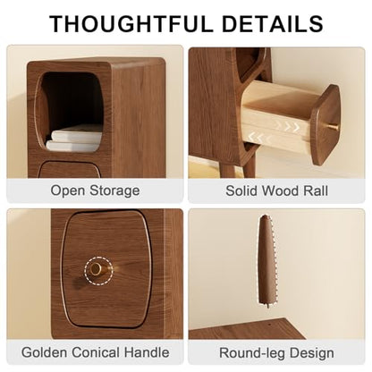 Slim Nightstand with Drawer, Modern Walnut Bedside Table for Small Spaces | Slim Nightstand with Drawer and Open Storage, Modern Walnut Wood Design for Bedrooms Apartments and Small Spaces