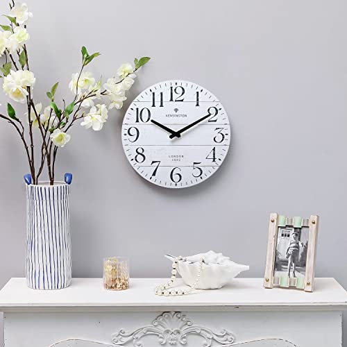 NIKKY HOME Farmhouse White Wall Clock - 12 Inch Quartz Battery Operated Vintage Wooden Decorative Silent Analog Clock for Kitchen, Living Room, Bedroom, Office - color: White
