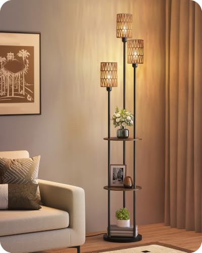 Floor Lamp with Shelves, Boho Floor Lamp with Foot Switch, 3-Light Standing Lamp, for Living Room, Bedroom, Study, Rustic Brown and Yellow YF53LD05 ﻿ - color: Rustic Brown+Rattan
