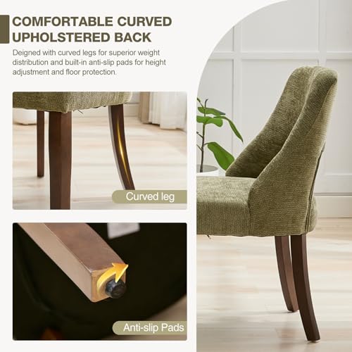 UVV Wooden Dining Chairs Set of 2, Mid Century Modern Chenille Upholstered Dining Room Chair Kitchen Chairs, Farmhouse Dinner Chair with Solid Wood Legs for Kitchen Dining Room, Green - color: Green, size: Set of 2