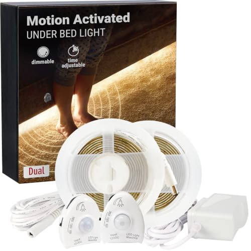 llumiforce Under Bed Lights Motion Sensor Dimmable Warm White LED Strip Night Light for Bedroom Stairs Cabinet Auto On Off Gentle Glow Dual Kit 2 x 5FT - size: Dual (5FT x 2)
