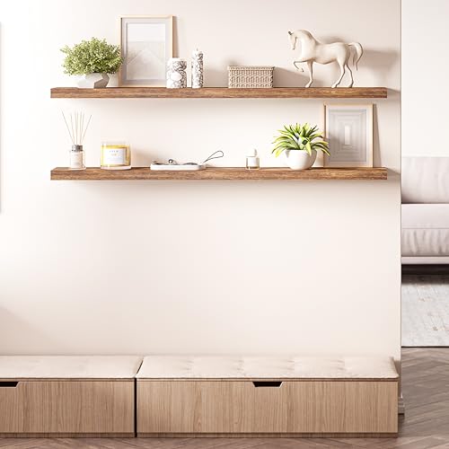 Ballucci Floating Shelves, 55" Wood Wall Shelf Set of 2, with Invisible Brackets for Bathroom, Living Room, Bedroom, Kitchen, Nursery, 6" Deep, Rustic Brown - color: Rustic Brown, size: 55.1 inches