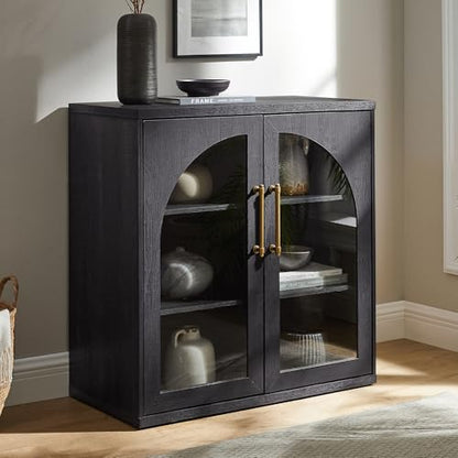 Glass Arched Door Sideboard Buffet Cabinet Set of 2, Black | Modular, Multi-Compartment Storage, Adjustable Shelf, Soft Close Hinges, Freestanding, for Dining Room, Living Room - color: Black