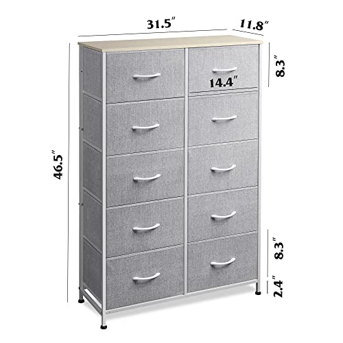 WLIVE Tall Dresser for Bedroom with 10 Fabric Drawers, Light Grey | 10 Drawers, Fabric Dresser for Closet, Storage Tower with Cabinet, Metal Frame - color: Light Grey